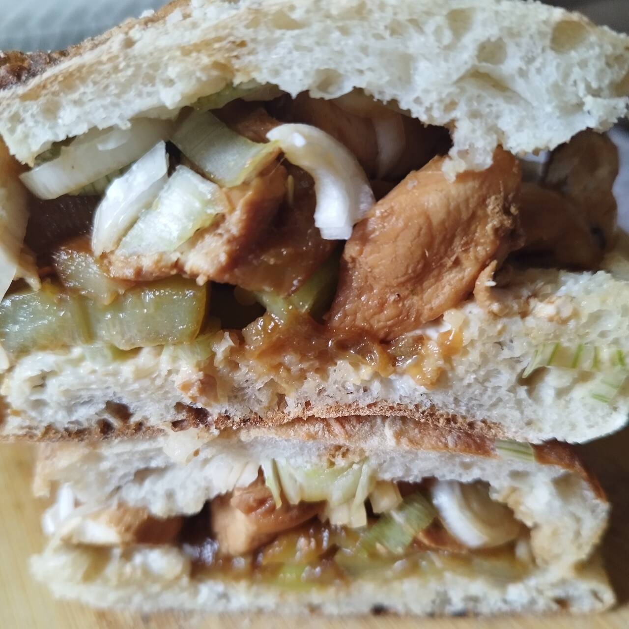chicken, mushroom, and zucchini sandwich close-up