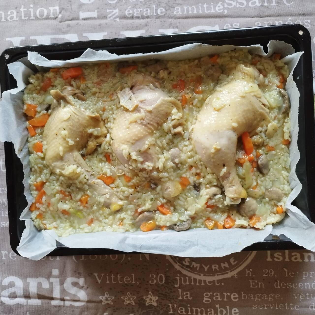 chicken rice pilaf cooked, before the browning in the oven shown