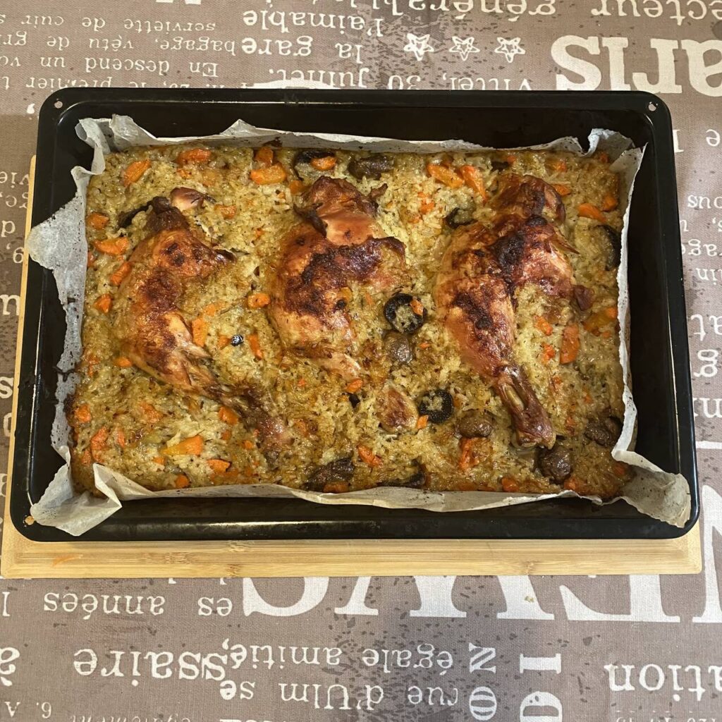Chicken rice pilaf with mushrooms done
