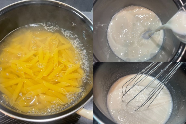 mixing cheese and boiling pasta for chicken goulash
